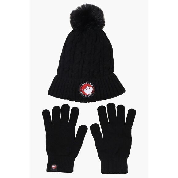 Canada Weather Gear Gloves Pom Pom Hat Set Black new - Picture 1 of 12